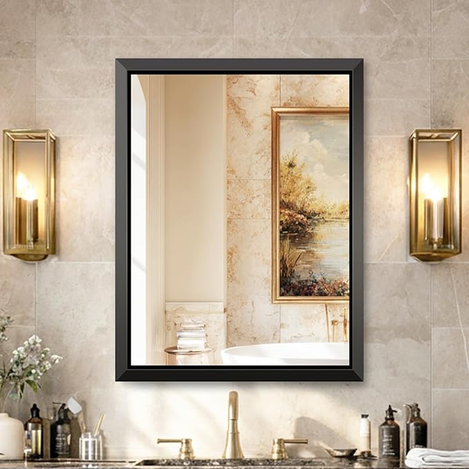 USHOWER 30x36 Inch Floating Bathroom Mirror - Brushed Black Wall Mirror for Over Sink, Anti-Rust, Modern HD Reflection Rectangular Beveled Aluminum Frame Vanity Mirror(Copper-Free Silver Coating)