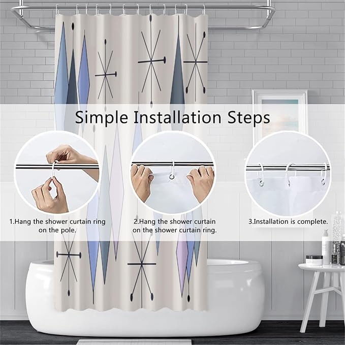 Mid Century Turquoise Shower Curtain Abstract Grey Blue Diamond Geometric Atomic Starburst Pattern Beige Backdrop for 1950s Retro Bathroom Decor Shower Curtain Set with 12 Hooks, 72x78 Inches