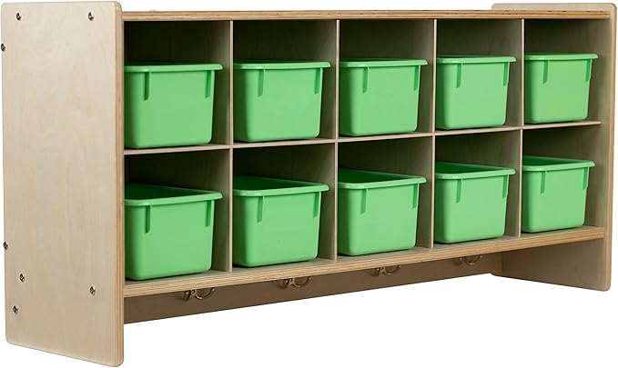 10-Section Wall Storage Unit for Kids with Lime Green Plastic Bins, Wood Hanging Cubbies with Hooks for Toys, Games, Craft Supplies [Birch Plywood]