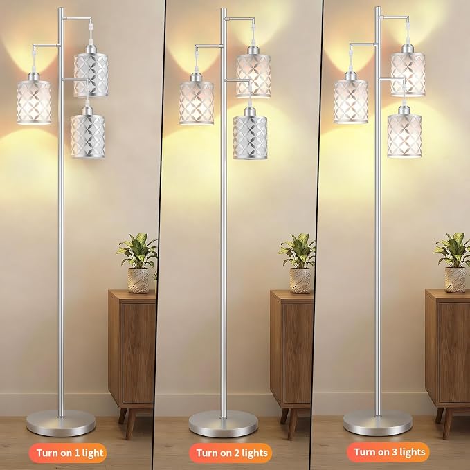 Dimmable Floor Lamp, Farmhouse Standing Lamp with Elegant Metal Cage, Industrial Tall Tree Floor Lamps for Living Room, Bedroom, Study Room, Office, 3 x 1100LM LED Bulbs Included,72",Silver
