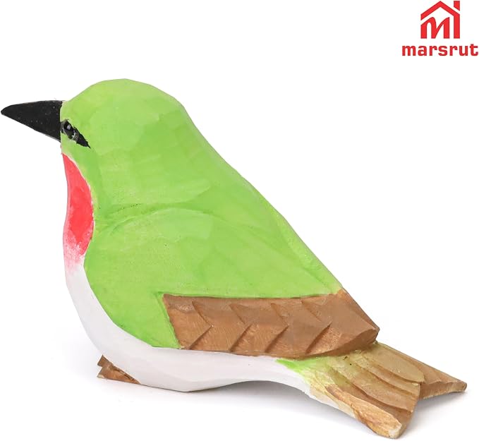 Wooden Hummingbird Figurine, Hand-Carved Ruby-Throated Green Miniature Bird Sculpture, Wooden Mini Handmade Ornament, Small Wildlife Nature-Inspired Rustic Art Collectible for Gift, Home, Garden Decor