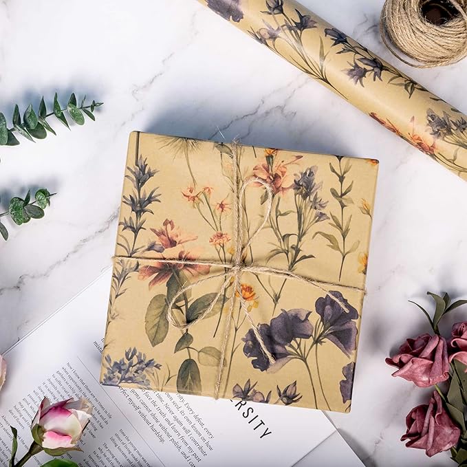 Altarho Kraft Floral Wrapping Paper Roll For Women Girls Wild Flower Design Gift Wrap for Birthday Wedding Mothers Day Bridal Shower Engagement Total 28.5sq.ft