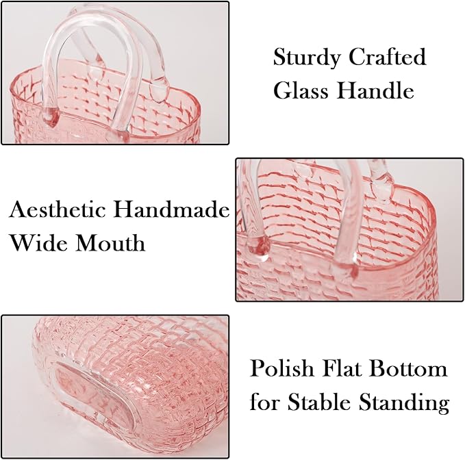 Glass Purse Vase for Flowers, Pink Purse Flower Vase, Large Glass Bag Vases, 10 Inch Handbag Shaped Vases for Home, Living Room, Bedroom, Table, Office Decor