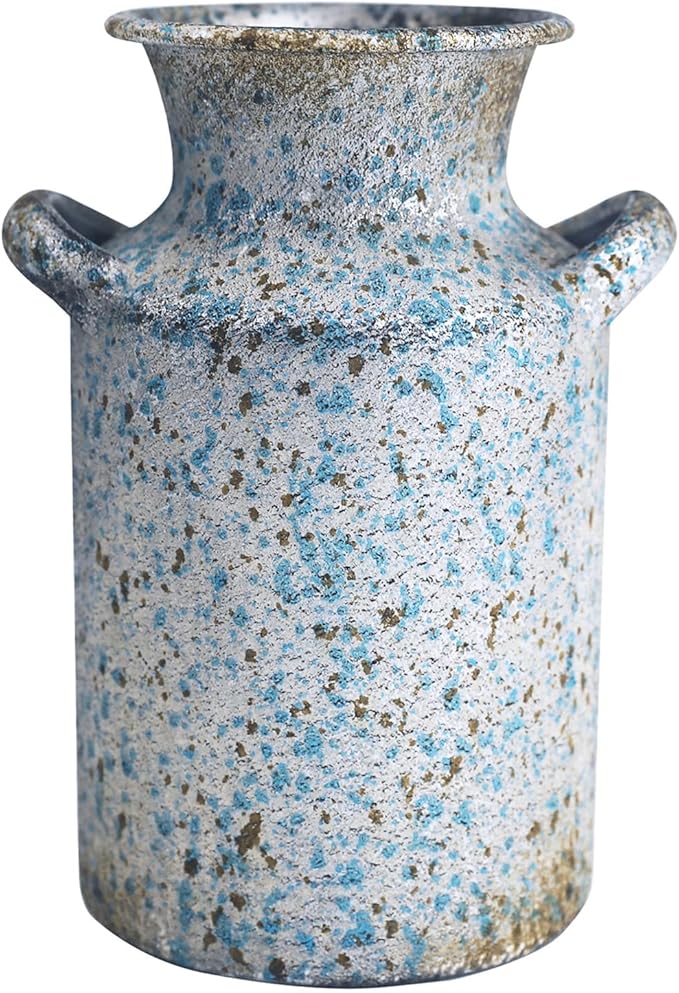 Rustic Vintage Metal Flower Vase for Decor Milk Jug Small Vases for Flowers Kitchen Decorations, Cylindrical,Perfect for Kitchen, Dining Room, Living Room,Housewarming Gift, Blue