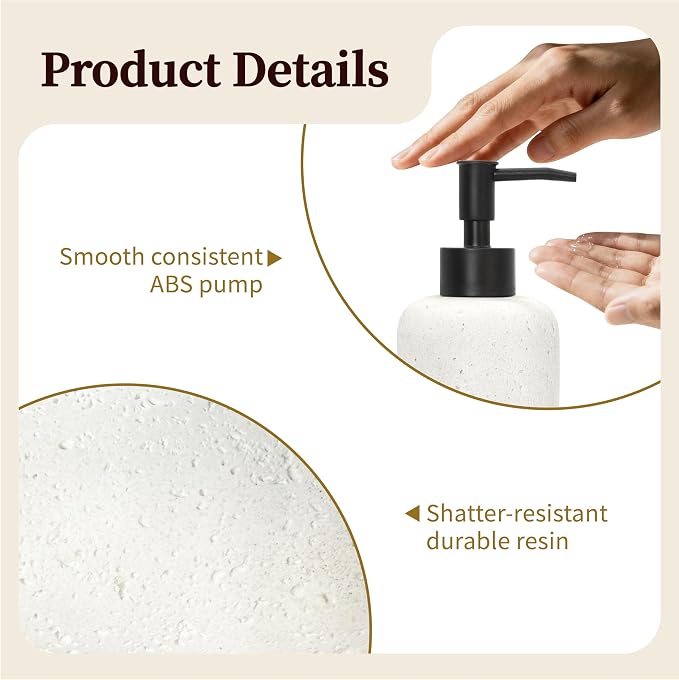 13.5 oz Bathroom & Kitchen Countertop Soap Dispenser, Travertine-Look Durable Resin Bottle with ABS Pump (White)