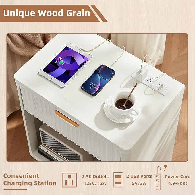 LEYAOYAO Fluted Farmhouse Nightstand Set of 2 with Charging Station, 23" Wide 1 Drawers End Table,White Dresser for Bedroom,Bed Side Table Chest of Drawers Cabinet,Wood Night Stand for Living Room