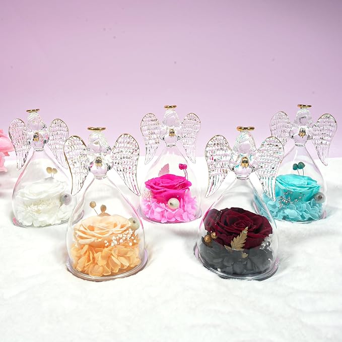 Yamonic Mom Birthday Gifts for Mom, Glass Angel Figurines with Real Rose Gifts for Her Moms Grandma,Preserved Flowers Rose Angel Figurines for Mothers Day Christmas Anniversary Birthday Gifts for Her