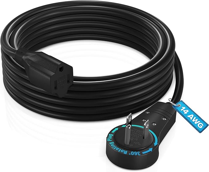 Maximm Extension Cord 10 Feet – 360° Rotating Flat Plug, 3-Prong Grounded Power Cable – UL Certified, 13A 125V, Heavy Duty 14AWG Wire – Ideal for Tight Spaces Behind Furniture – Black