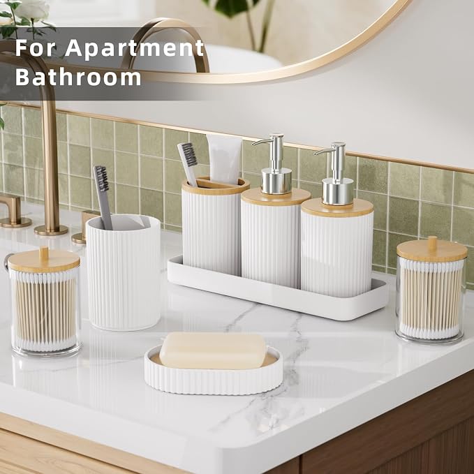 10PC Bathroom Accessories Set - White and Wooden Bathroom Sets, Bathroom Accessory Set with Pop Up Trash Can, Toilet Brush, Trash Can, Qtip Holder & Soap Dispenser