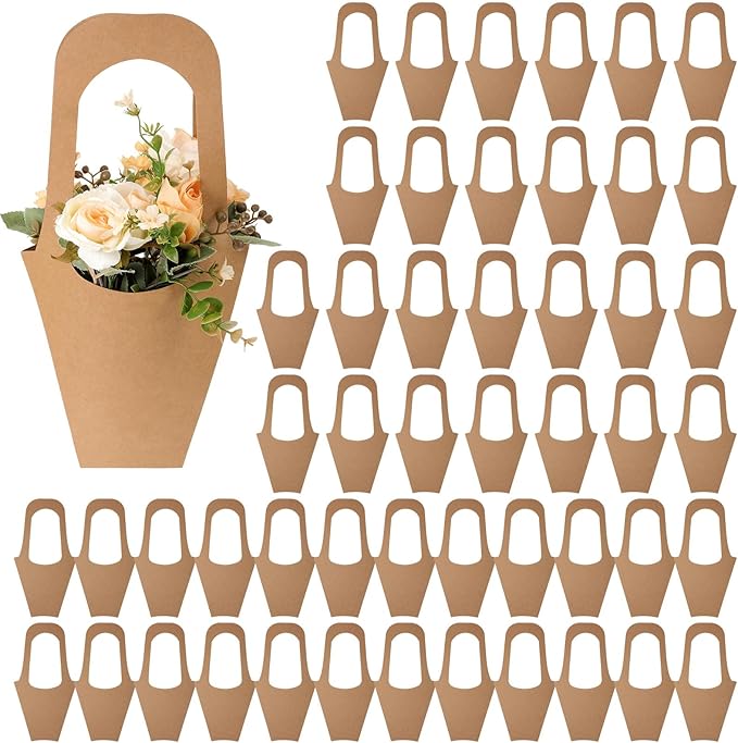 Yuanan 50 Pack Flower Bouquet Wrapping Paper Bags with Handles, Kraft Flower Bar Supplies for Weddings, Birthdays, Events-Flower Bouquet Holders for-Bouquet Bar