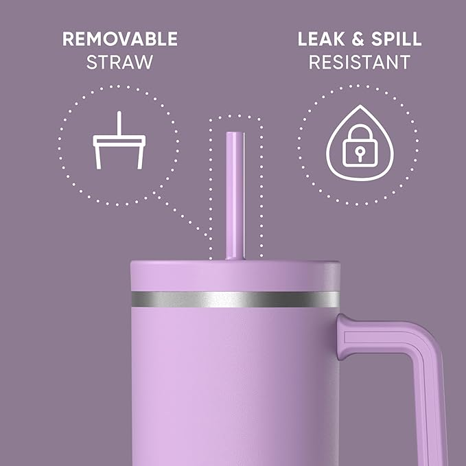 Hydrapeak Voyager 40 Oz Stainless Steel Tumbler with Handle, Insulated Water Bottle With Straw & Lid, Cupholder Friendly Reusable Travel Mug (Mauve)