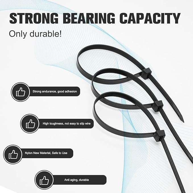 Zip Ties 12 inch ，Heavy Duty Cable Ties with 120 Pounds Tensile Strength，Black Zip Ties，100 Pack, Wire Ties for Indoor and Outdoor Use.