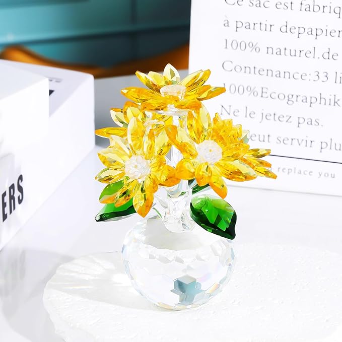 YWHL Handmade Yellow Crystal Flower Figurine with Base, Beautiful Glass Flower Gifts for Women, Flower Collectible Figurines Decoration for Christmas, Valentine's Day, Wedding (Yellow)
