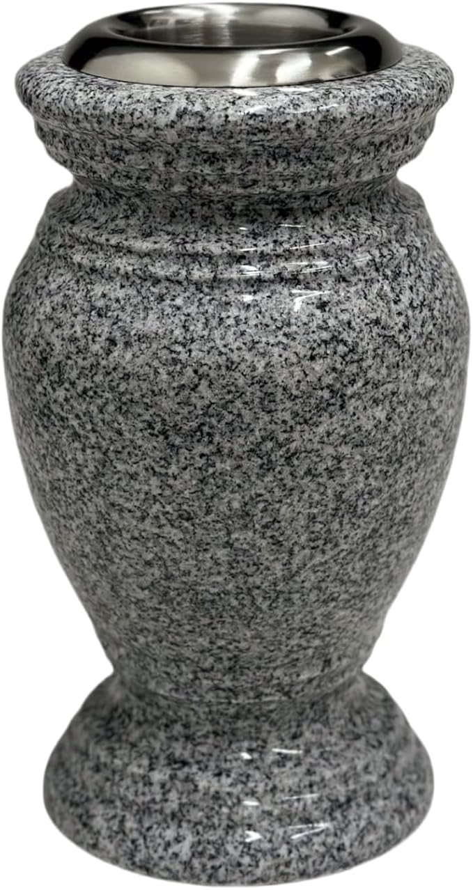 Memorial Cemetery Flower Vase - Real Granite (Grey Granite), with Stainless Steel Inner, Grave Marker, Decorations for Gravesite, Headstone Flowers Holder, Garden Lawn & Yard (5.5x5.5x9)