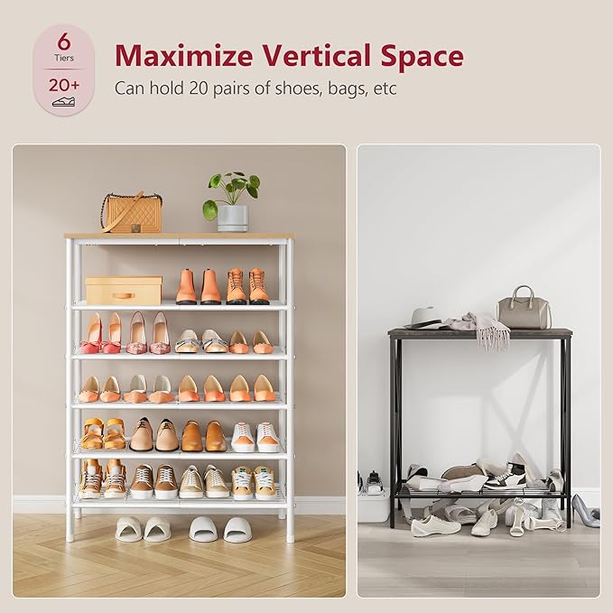 Tajsoon 6 Tier Shoe Rack Organizer for 20-24 Pairs of Shoes, Metal Mesh Shoe Shelf for Closet, Industrial Shoe Rack for Entryway Shoe Storage with X Shape Fixed Frame, White & Log