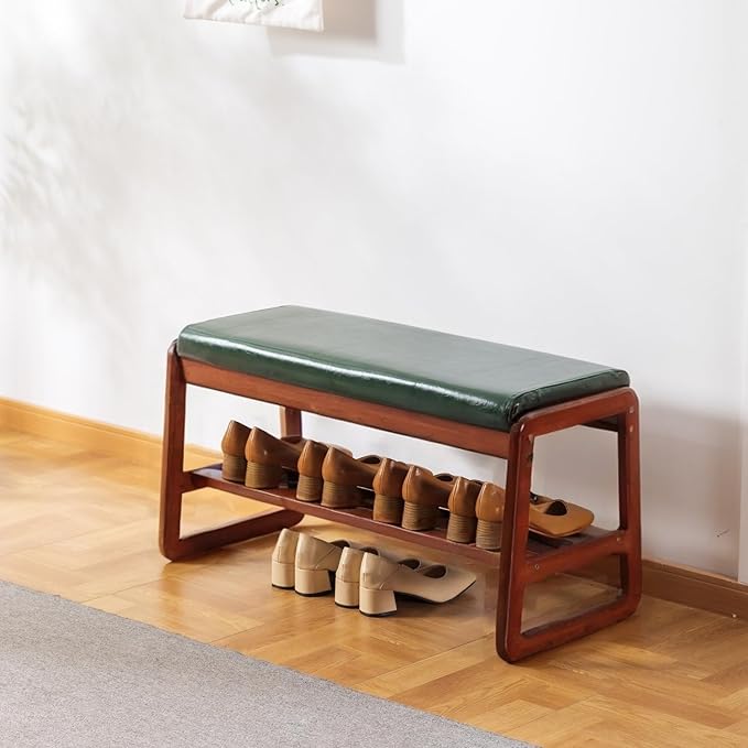 SOBIBO Solid Wood Shoe Bench, 2-Tier Wooden Entryway Bench, Modern Shoe Rack with Faux Leather Cushion for Hallway, Living Room (Green, 31.5'')