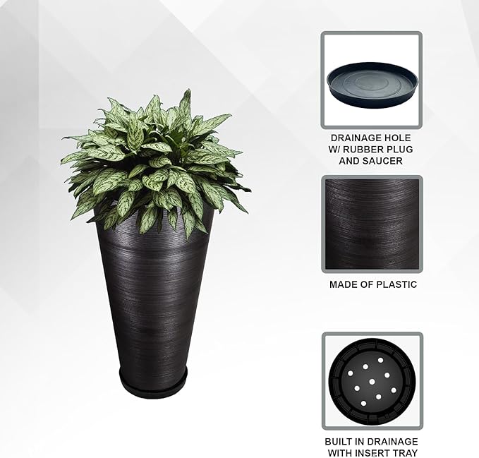 XBrand Modern 28-Inch Tall Round Planter, Modern Tapered Planter Perfect for Indoor & Outdoor Planter, Patio Décor, Black
