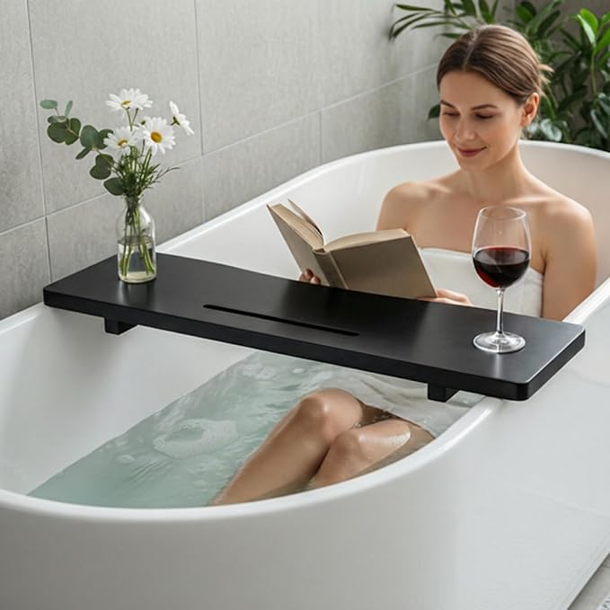 Elegant Black Bamboo Bathtub Tray Caddy for Standard Tub, 31" L Adjustable Bath Tray for Tub, Luxury Spa Bathroom Tray Organizer Table, Bath Tub Accessories for Women, Housewarming, Birthday Gifts