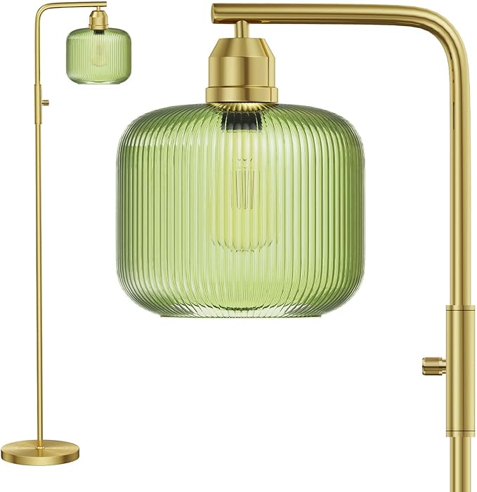 Glass Floor Lamp for Living Room, Modern Standing Lamp with Green Ribbed Glass Lampshade&Brushed Gold, Stepless Dimmable Rotary Switch, 66” Tall Lamp & Gold Floor Lamp for Bedroom Study Room
