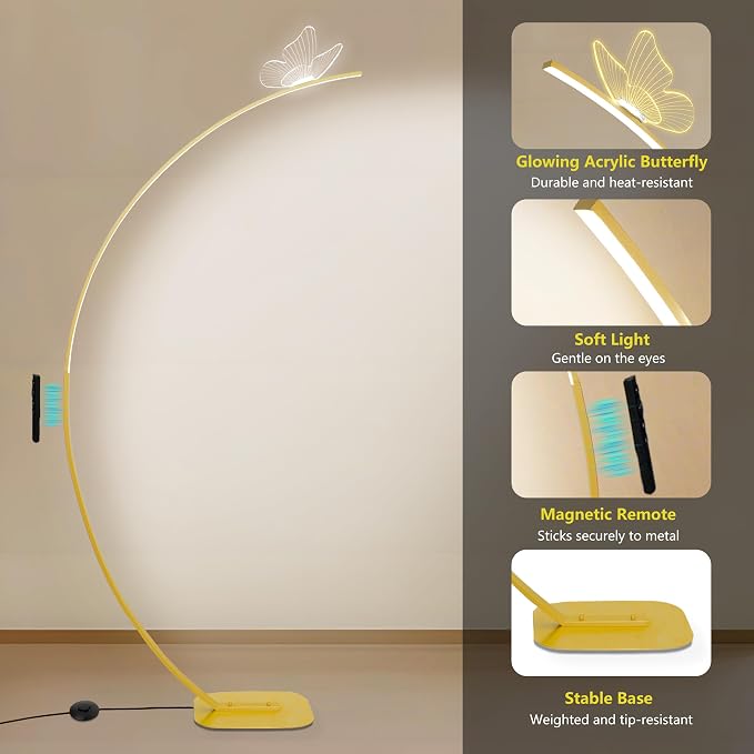 Modern Butterfly Arc Floor Lamp - Dimmable 2000 Lumens Arched Floor Lamp with Remote Control, 3 Color Modes & Foot Switch, Elegant Arc Floor Lamps for Living Room, Bedroom, Office Decor (Gold)