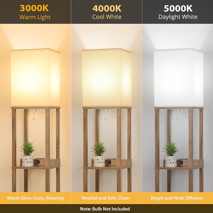 Mlambert Modern Shelf Floor Lamp with Wireless Charger & Fast Charging USB Ports & Type C Port & 2 Power Outlets,3 Tier Storage Lamp for Bedroom(Wood)