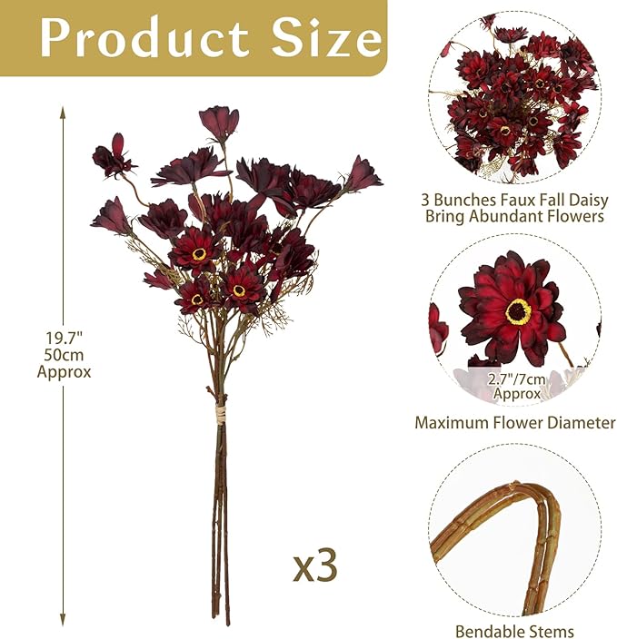20" Artificial Burgundy Daisy Flowers for Fall Flower Arrangement, 3 Bundles Faux Chrysanthemum Flowers Branches for Gothic Halloween & Autumn Home Decor, Dark Fake Wildflowers Mums Black Red
