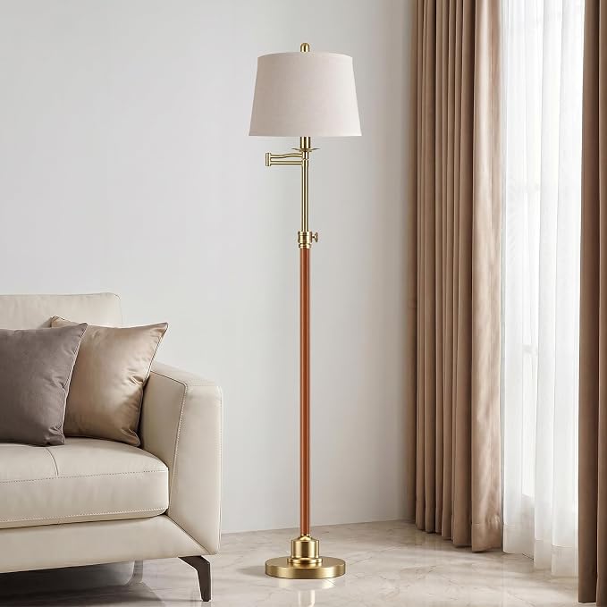 Vintage Floor Lamp for living room, Walnut Gold Farmhouse Standing Lamp with 350° Swivel Swing Arm, 56.6''-66'' Mid Century Modern Height Adjustable Tall Lamp for Bedroom Office(LED Bulb Included)