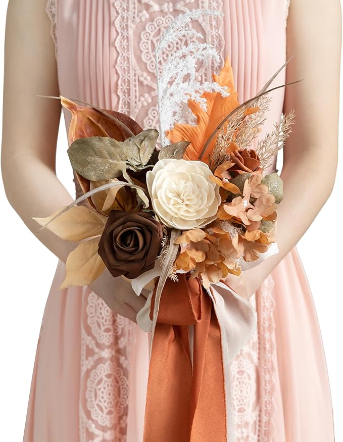 Ling's moment Artificial Flowers Boho Bridesmaid Bouquet, Terracotta Wedding Flowers Bouquets, 7 Inch Bridal Bouquets for Bridesmaids, Wedding Decor, Ceremony, Anniversary, etc