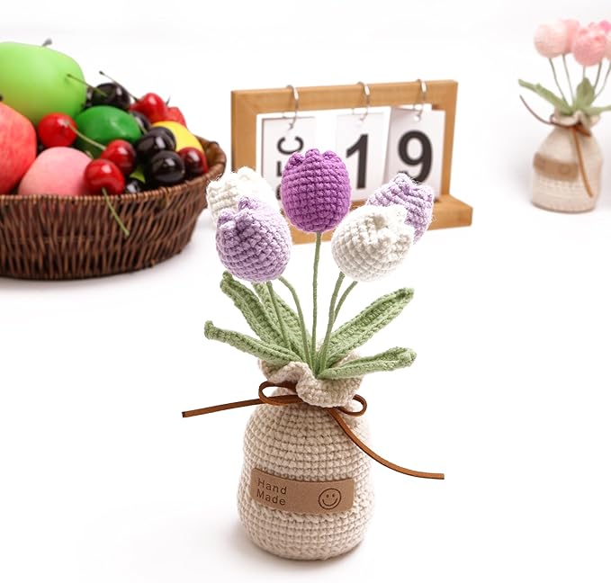 Crochet Woven Tulips with Wool,Simulation Plant Crochet Hand-Woven Flowers for Home Room Table Office Ornaments and Birthday Gifts for Family Friends Anniversary (5 Flowers-Purple)