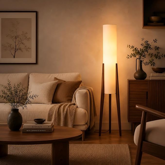 Bofea-Farmhouse Floor Lamp for Living Room & Bedroom,Walnut Wood Vintage Standings Lamp with Foot Switch, 3 Color White Fabric Tall Lamp,Decorative Tower Shade Lamp for Hotel Cafe Study