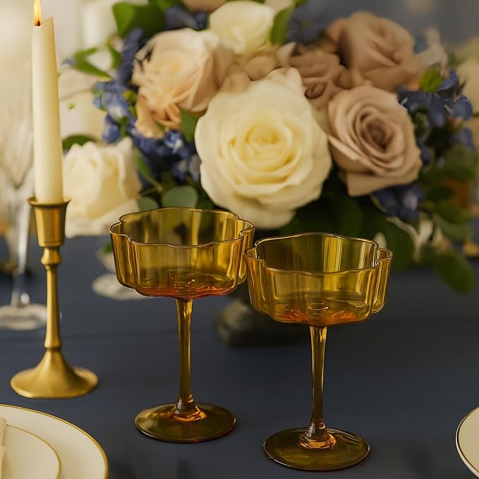 Flower Scalloped Vintage Wavy Petals Wave Glass Coupes 7oz Colorful Martini, Champagne & Cocktails, 2 Set Amber Rippled Champagne Glasses, Elegant Bar Glassware, Unique Aesthetic Coupe Glassware Gifts