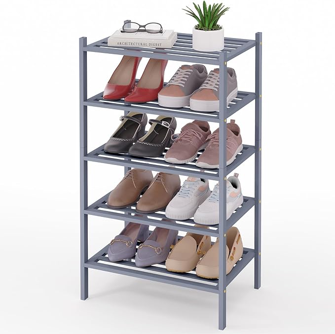 Smiry Small Bamboo Shoe Rack 5-Tier, Stackable Wooden Shoe Organizer for Entryway & Closet, Free Standing Wood Shoe Storage Shelf for Front Door & Small Spaces, Grey