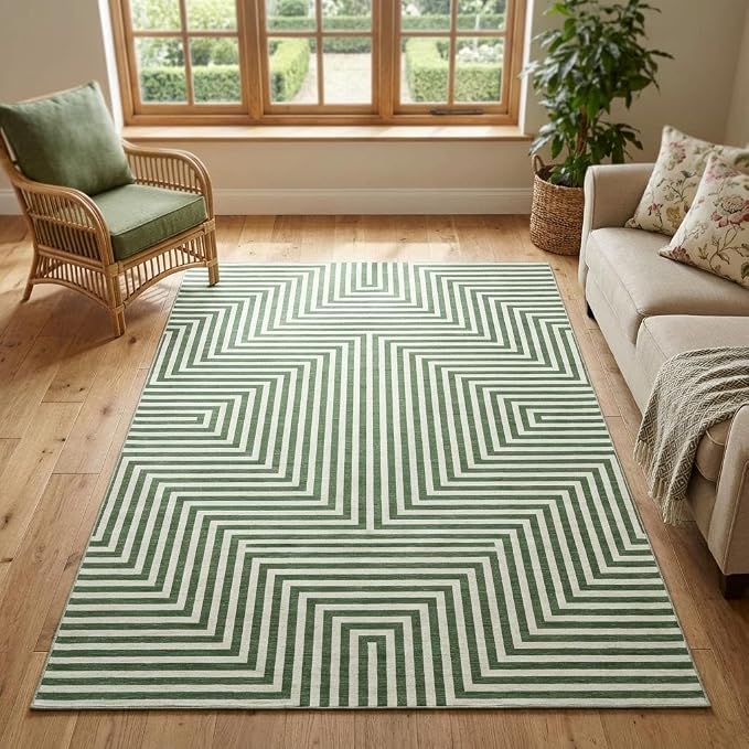 Washable Modern Lines Large Rug 10x13 for Living Room Modern Geometric Rugs Low Pile Soft Bedroom Carpet Thin Foldable Abstract Floor Carpet for Dining Kids Room Playroom, Green