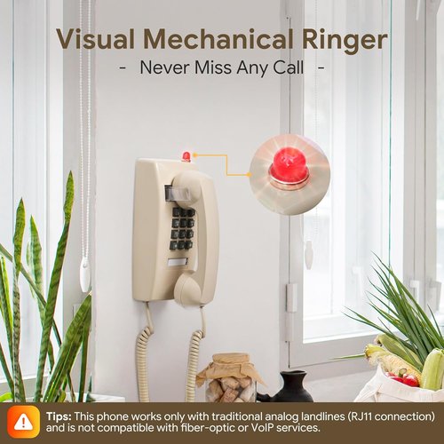 Sangyn Retro Wall Phone - Mechanical Ringer Corded Telephone for Home & Kitchen | Beige, Waterproof Design