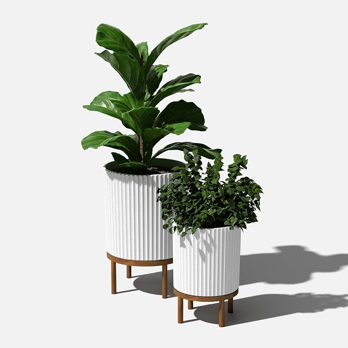 Veradek Demi Series Round Planter w/Stand for Porch/Patio | Durable Plastic-Stone Composite & Wooden Stand | Modern Décor for Tall Plants, Flowers
