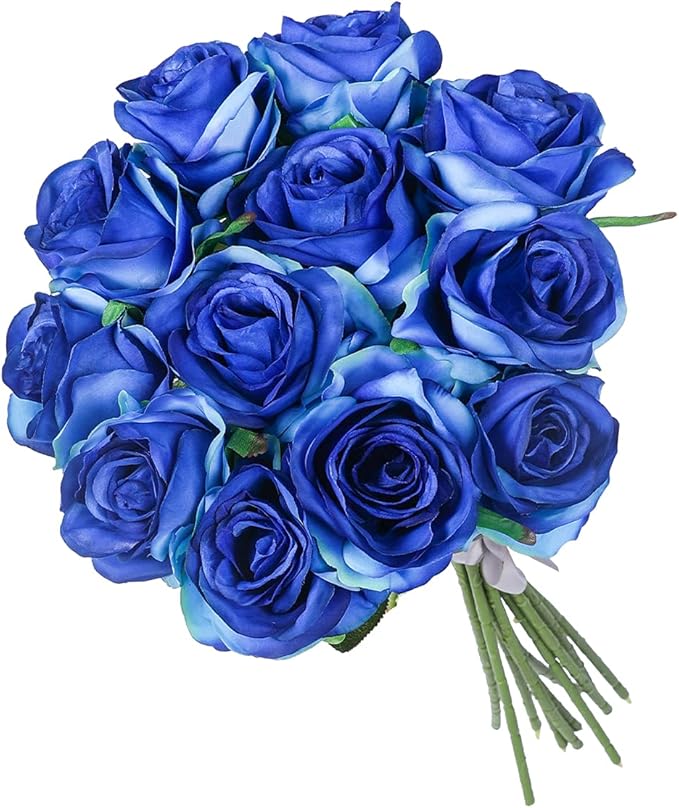 Kisflower 12Pcs Gradient Blue Roses Artificial Flowers, Realistic Single Stem Flowers Silk Rose Bouquet for Wedding Party Office Home Decor (Gradient Blue)