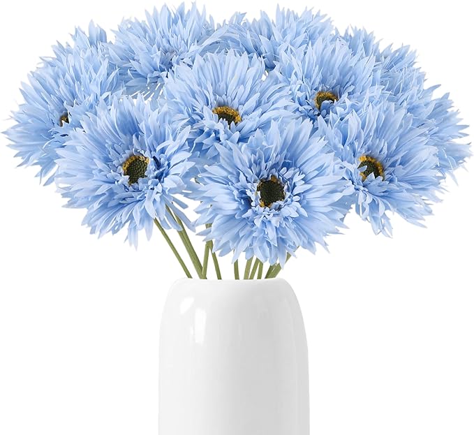 Gerbera Daisy Artificial Flowers 12pcs Faux Daisies Blue Silk Flowers with Stems for Vase Table Centerpiece Home Wedding Party Garden Decoration(Blue)