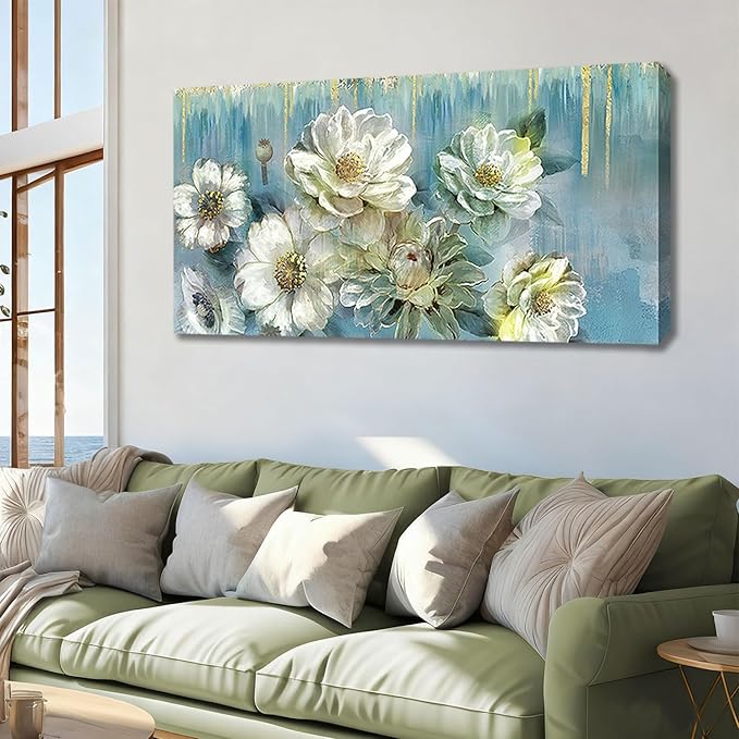 Ardemy Floral Canvas Wall Art for Living Room Large Magnolia White Flowers Teal Picture Bedroom Wall Decor Textured Painting Modern Turquoise Artwork Dining Room Home Office, 40"x20"