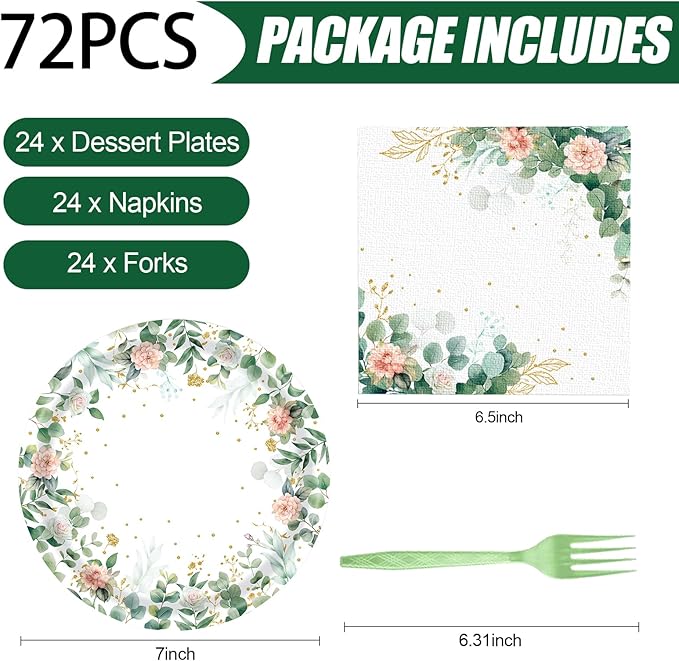 72 Pcs Floral Paper Plates and Napkins Party Supplies, Sage Green Disposable Tableware Set for Spring Summer Picnic Wedding Birthday Baby Shower Tea Party Decorations, Serves 24