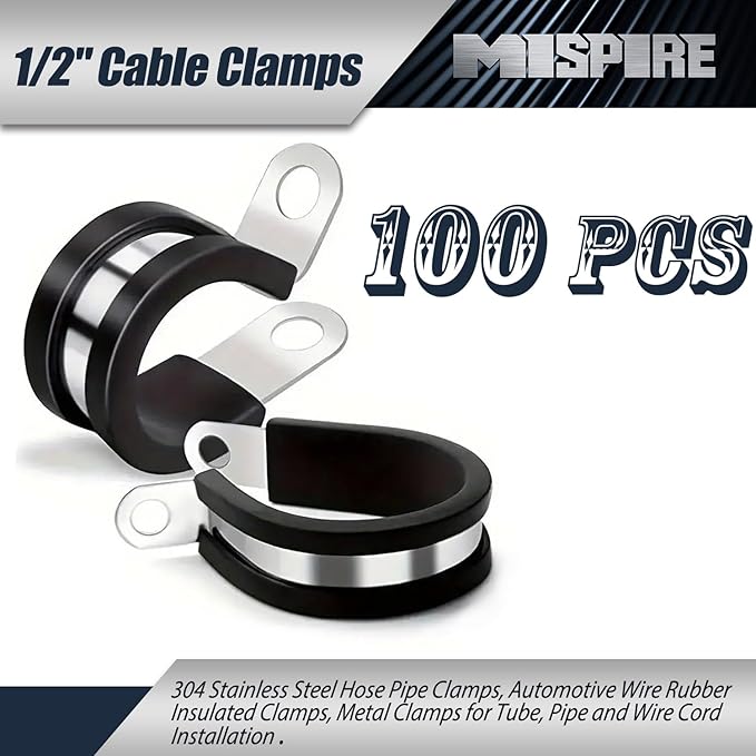 1/2 Inch Cable Clamps 100 PCS, 304 Stainless Steel Hose Pipe Clamps, Automotive Wire Rubber Insulated Clamps, Metal Clamps for Tube, Pipe and Wire Cord Installation