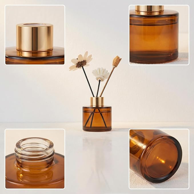 120ml 4oz Round Amber Glass Diffuser Bottles,Empty Aromatherapy Essential Oil Container, DIY Replacement Diffuser Jar with Gold Lid for Home Fragrance Bathroom Decor & Flower Bud Vase