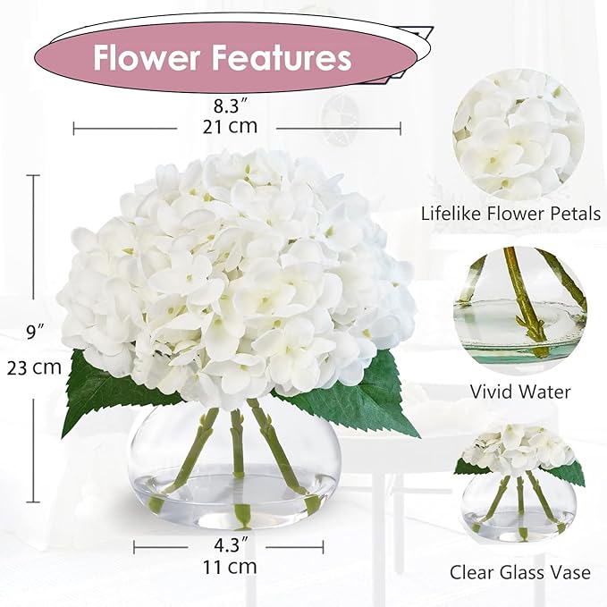 Hydrangea Artificial Flowers in Glass Vase, White Silk Fake Flowers Silk Centerpiece Table Decorations for Dining Room， Coffee Table Decor，Wedding, Home with Faux Water Decor（White）