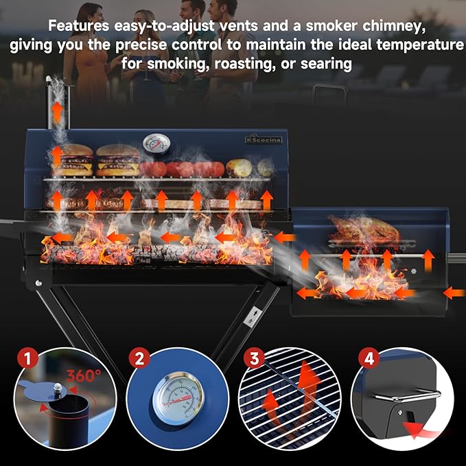 kscocinaBBQ Portable Charcoal Grill with Smoking Function, Foldable Suitcase Design with Wheels, Multi-Tier Storage Rack & Waterproof Cover for Outdoor BBQ Parties (Blue)