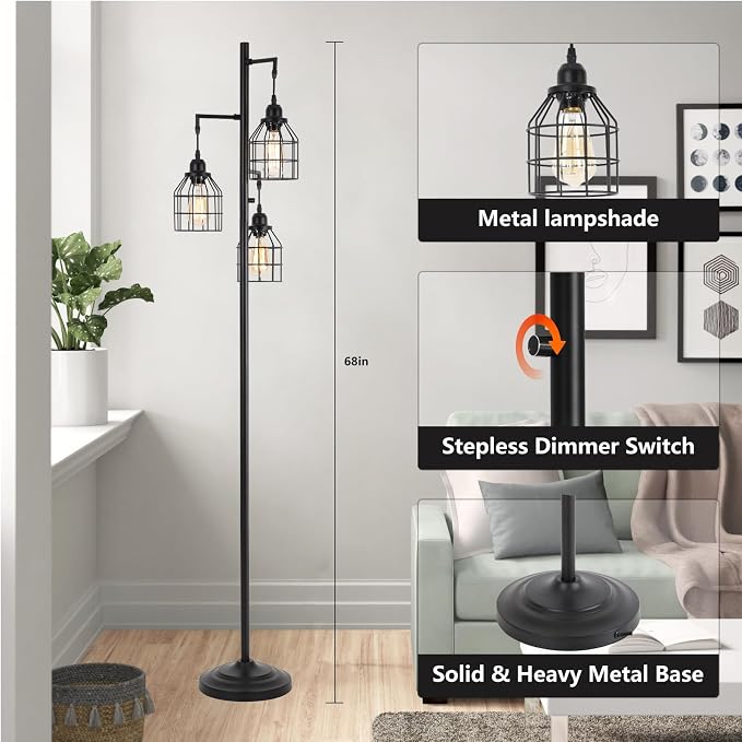 9MMML Floor Lamp for Living Room, Farmhouse Industrial Dimmable Floor lamp,3 Lights Metal Cage Tree Standing Lamp,68", 3Pcs Led Bulbs Included