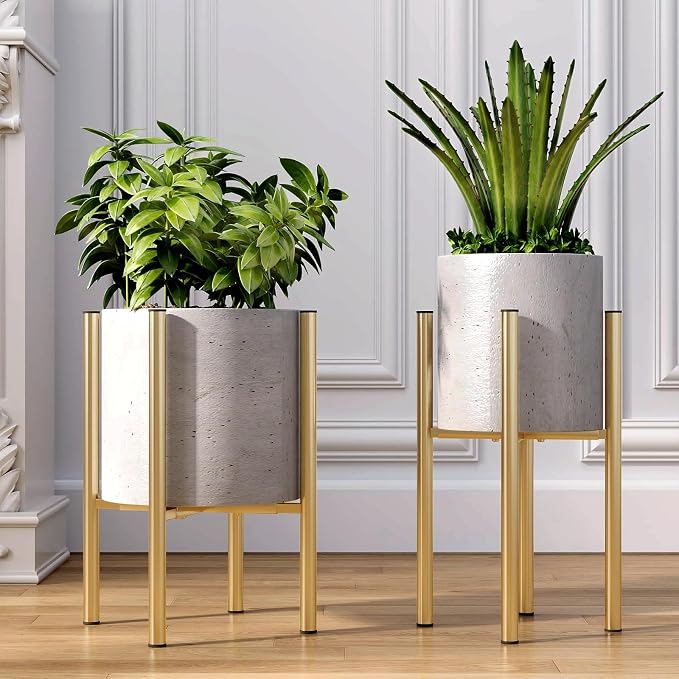 Adjustable Metal Plant Stand Indoor, Fits 8-14 Inch Pots, Mid Century Modern Gold Planter Holder,2 Heights, Heavy Duty 160 lb, Indoor Outdoor Corner Floor Pot Stand, Golden 2 Pack