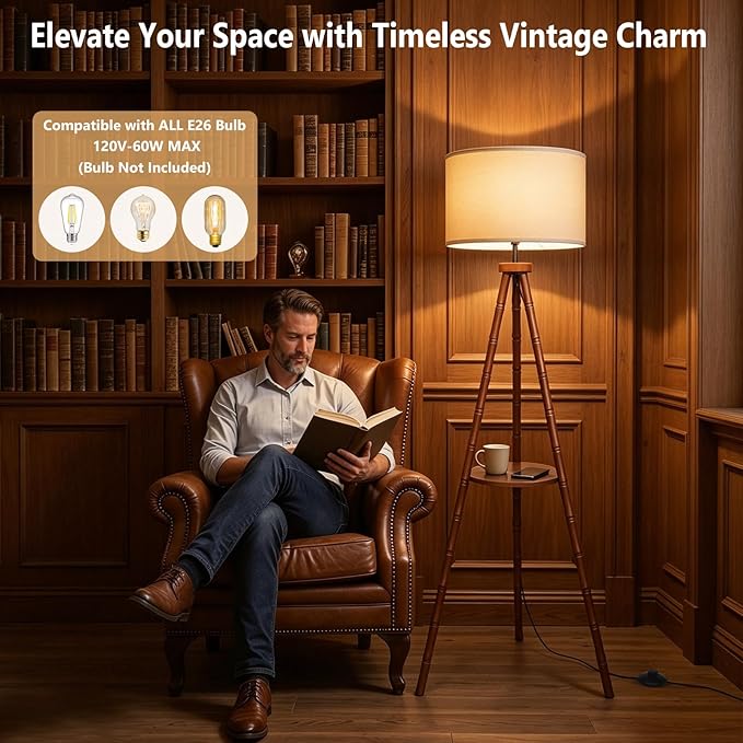 LAMSU Solid Wood Tripod Floor Lamp with Shelf, Mid Century Bobbin Standing Lamp with Fabric Shade and Foot Switch, Retro Farmhouse Tall Corner Lamps for Living Room Bedroom Office Reading, Brown