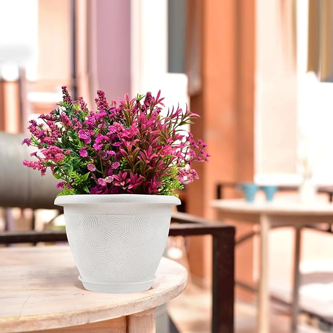 Plastic Flower Pots Planters for Indoor Plants, 4 Pack 12 Inch White Plant Pots with Drainage Hole & Tray, Modern Decorative Large Plant Pot with Saucer for Indoor Outdoor Plants Garden House Planter