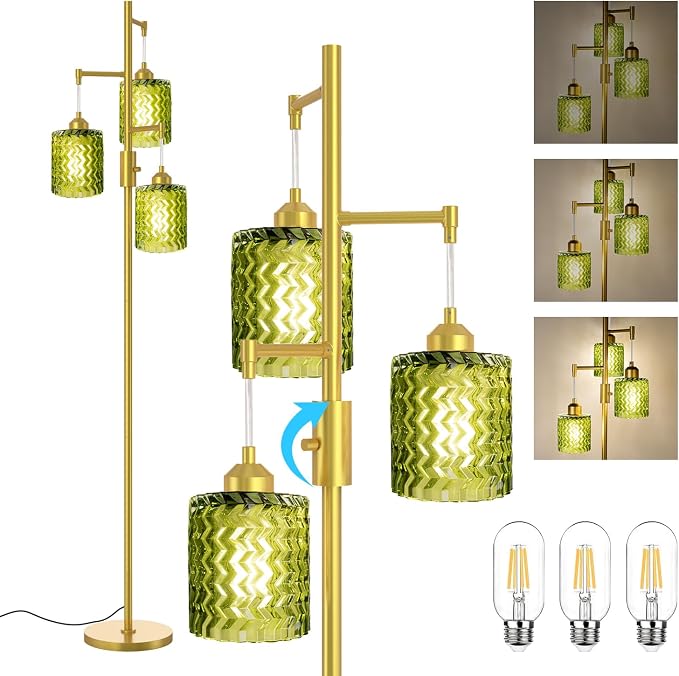 Brass Floor Lamp for Living Room, Vintage 3-Light Green Glass Standing Lamp, Brass Base Mid Century Modern, Retro Tree Design Tall Floor Lamp
