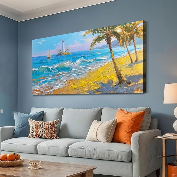 Brushart Beach Canvas Wall Art for Living Room Large, Coastal Bedroom Picture, Painting Wall Decor Ocean Textured Artwork for Walls Home Office 48"x24"