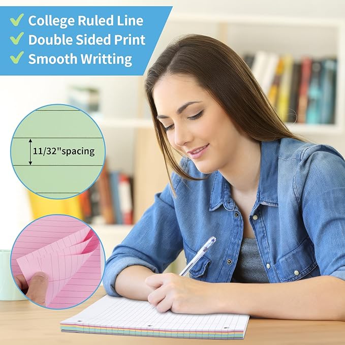 6 Color Loose Leaf Paper College Ruled, 120 Sheets 8" X 10.5" Colored Notebook Paper, 3-Hole Punched 70 Gsm Lined Paper For 3-Ring Binders, Loose Leaf Office Paper